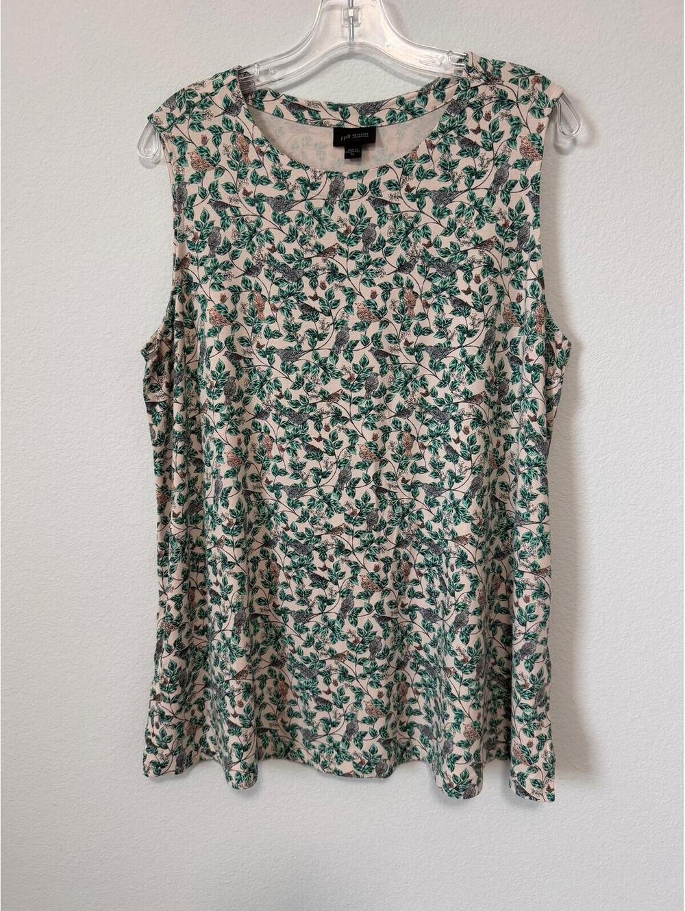 J. Jill wearever collection floral birds Cream Tank Top with Green Leaf Print XL